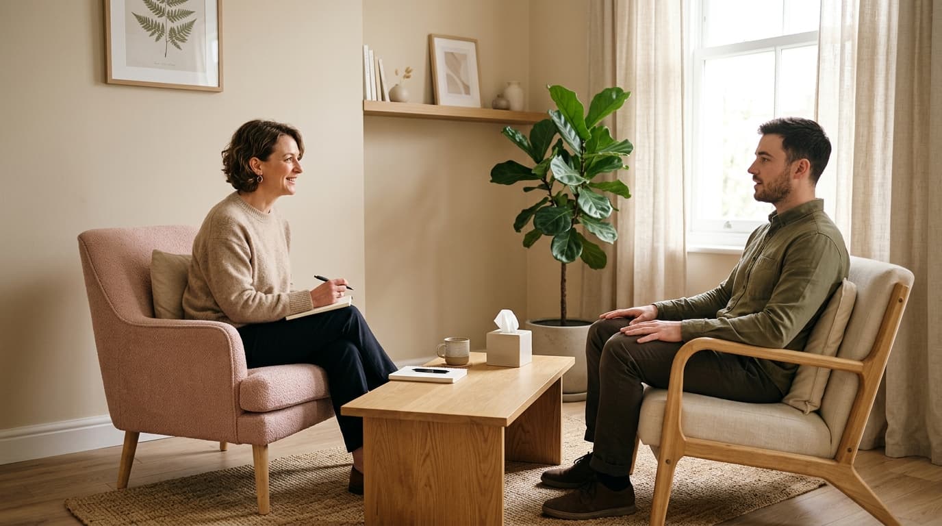 A serene, sun-drenched therapy room with a plush velvet armchair overlooking a lush garden.