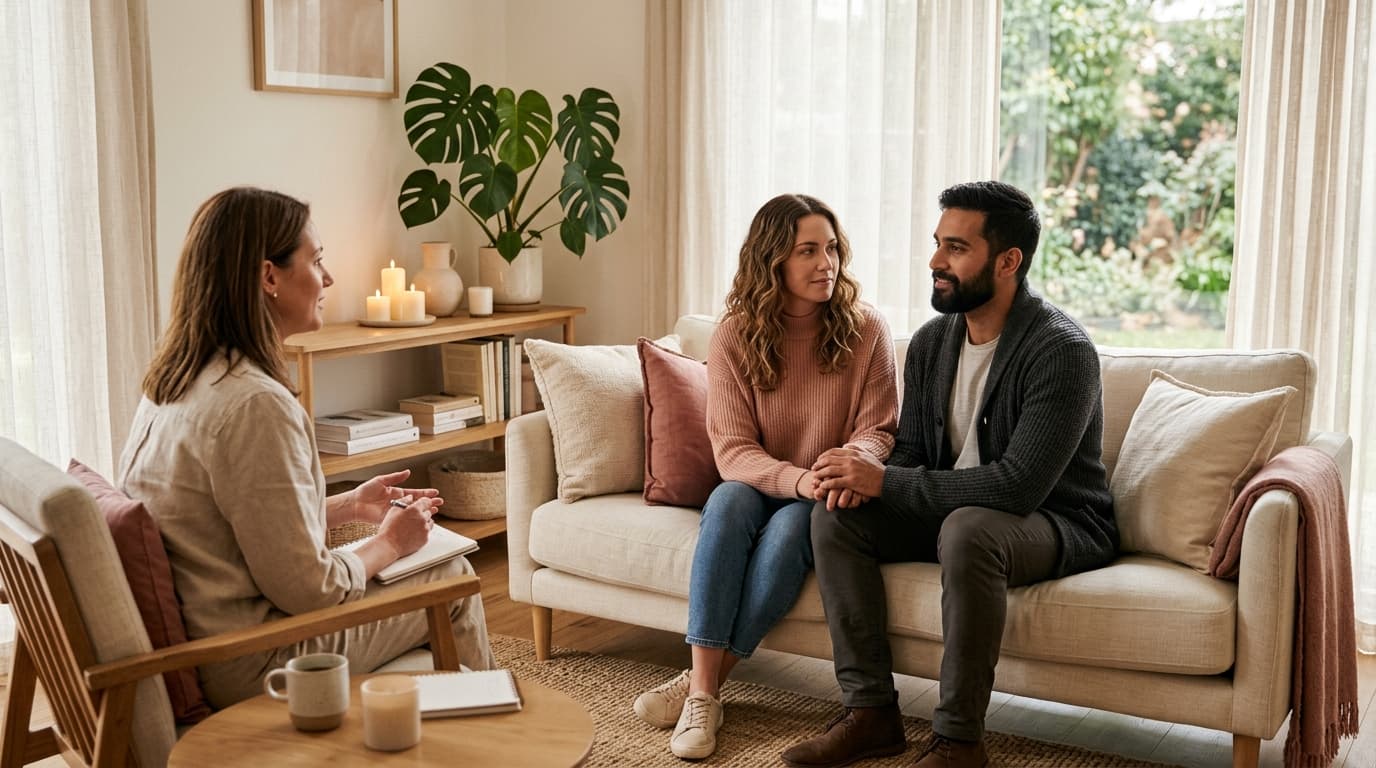 A family sitting together on a soft rug in a bright space.